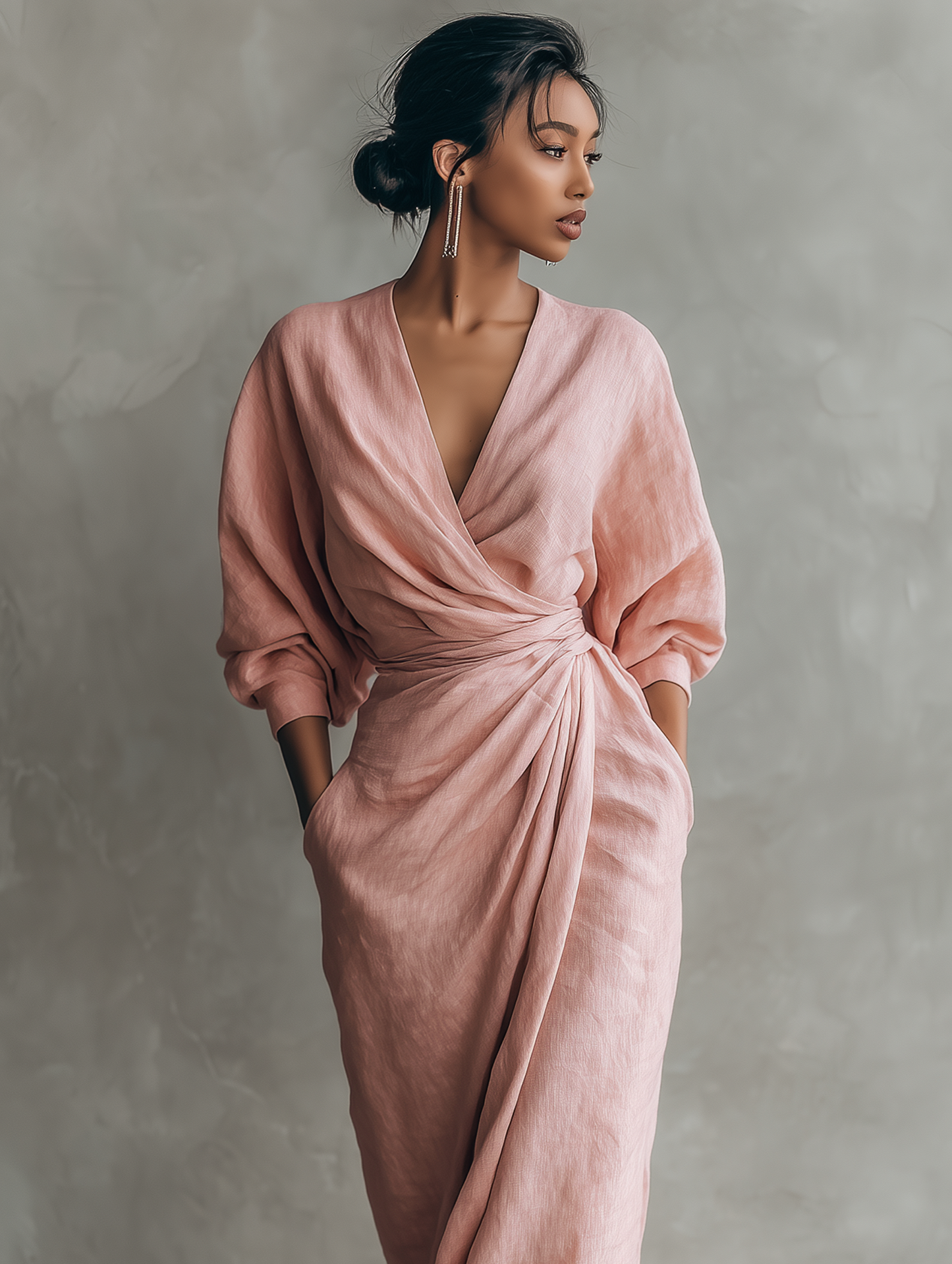 Vestido Maxi Rosa con Escote en V