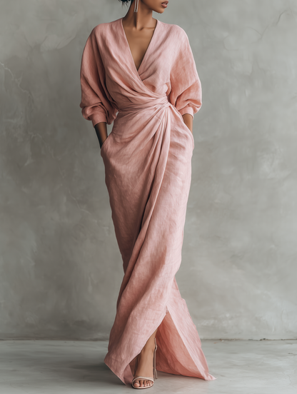 Vestido Maxi Rosa con Escote en V