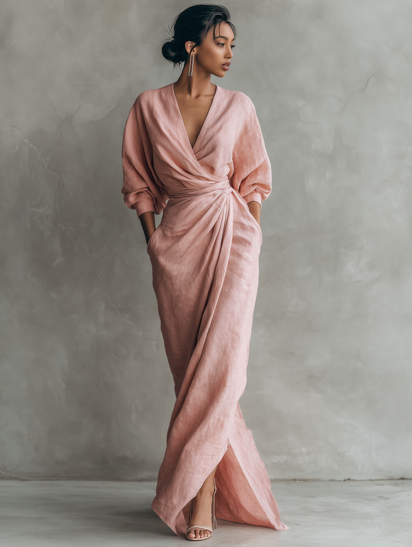 Vestido Maxi Rosa con Escote en V
