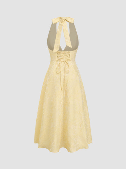 Matilda - Vestido Maxi de Encaje Floral con Cierre de Lazo y Cuello Halter Jacquard