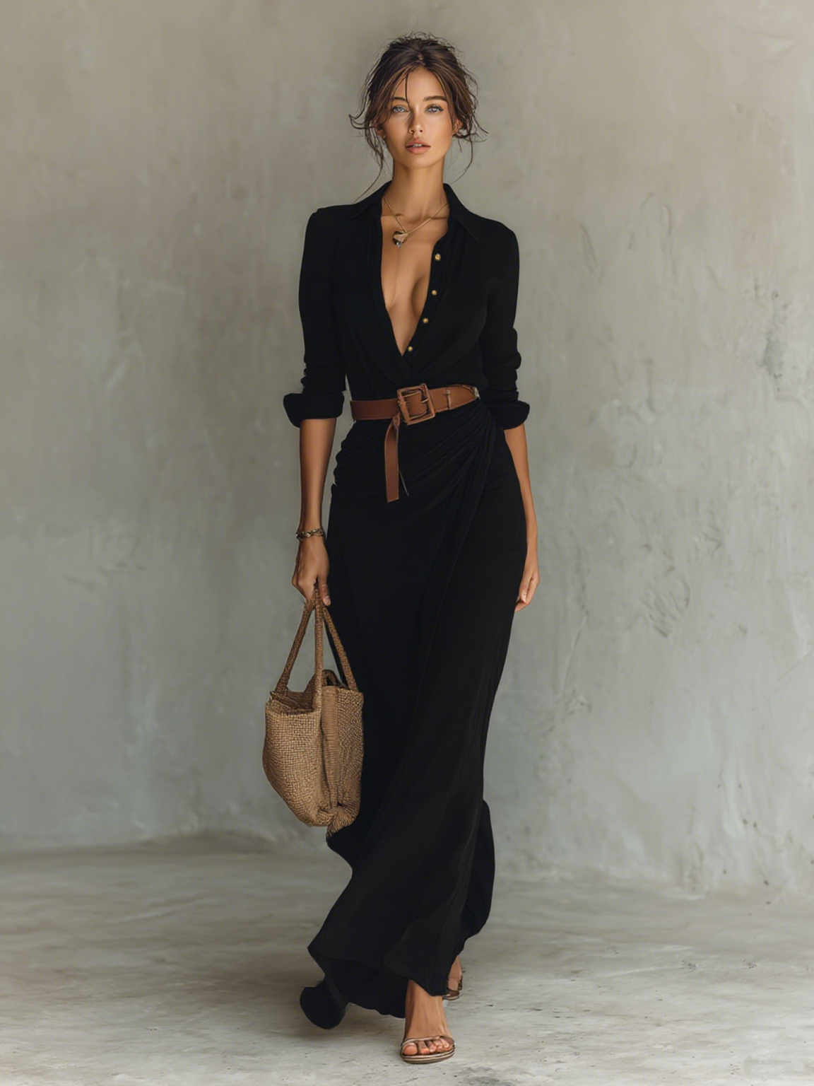 Vestido Maxi con Cuello de Solapa y Manga Larga