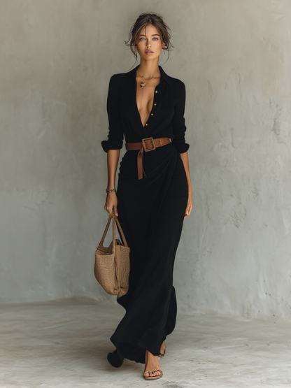 Vestido Maxi con Cuello de Solapa y Manga Larga