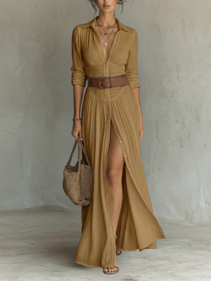 Petra - Vestido largo con cuello vuelto y mangas largas de lino