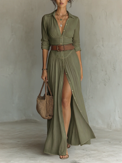 Petra - Vestido largo con cuello vuelto y mangas largas de lino