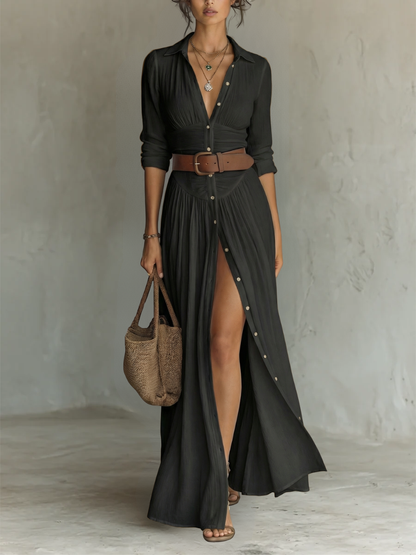 Petra - Vestido largo con cuello vuelto y mangas largas de lino