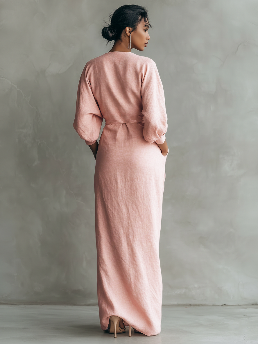 Vestido Maxi Rosa con Escote en V