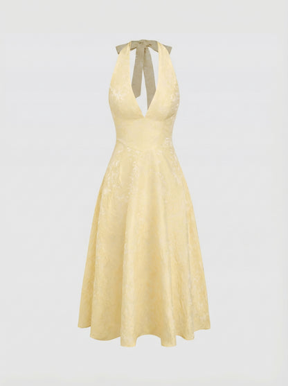 Matilda - Vestido Maxi de Encaje Floral con Cierre de Lazo y Cuello Halter Jacquard