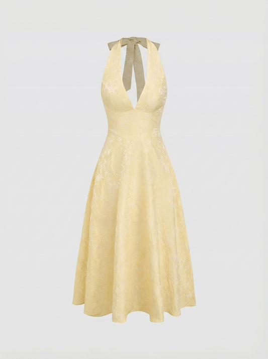 Matilda - Vestido Maxi de Encaje Floral con Cierre de Lazo y Cuello Halter Jacquard