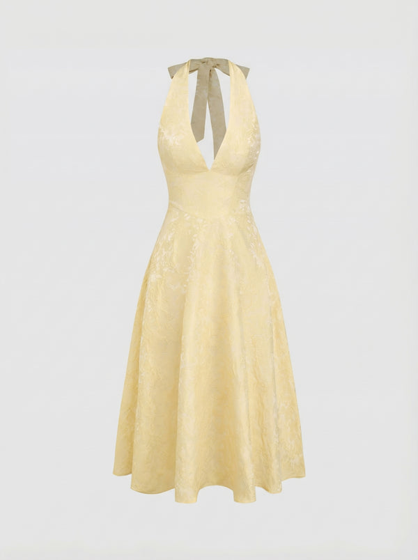 Matilda - Vestido Maxi de Encaje Floral con Cierre de Lazo y Cuello Halter Jacquard
