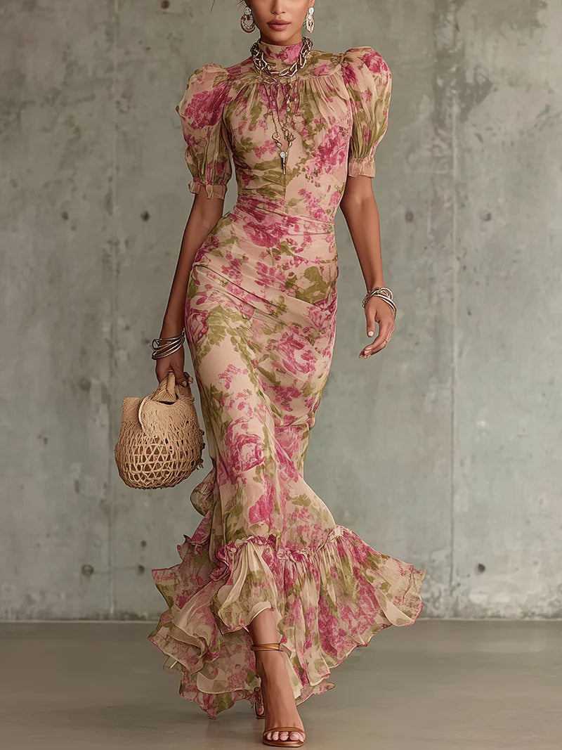 Flor - Vestido largo con estampado vintage de rosas y mangas abullonadas
