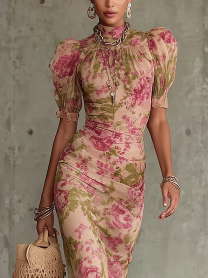 Flor - Vestido largo con estampado vintage de rosas y mangas abullonadas