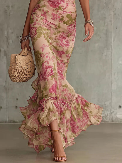Flor - Vestido largo con estampado vintage de rosas y mangas abullonadas