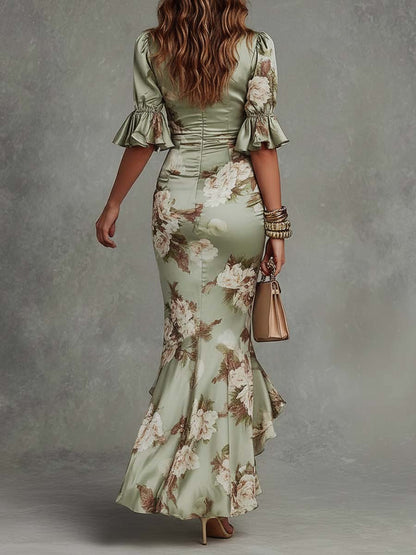 Anna - Vestido largo asimétrico de satén verde con escote en V, mangas acampanadas fruncidas y estampado floral