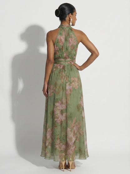 Selena - Vestido Largo Verde con Estampado Floral