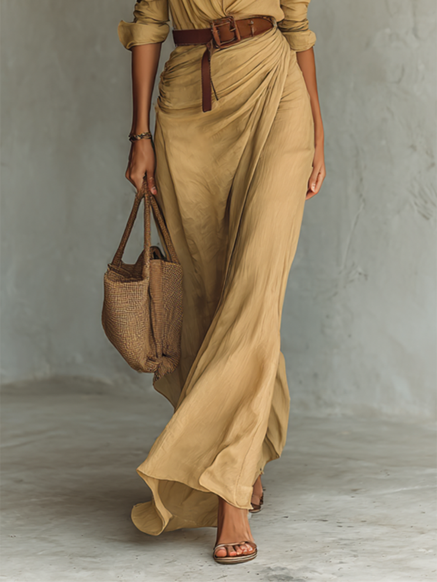 Vestido Maxi con Cuello de Solapa y Manga Larga