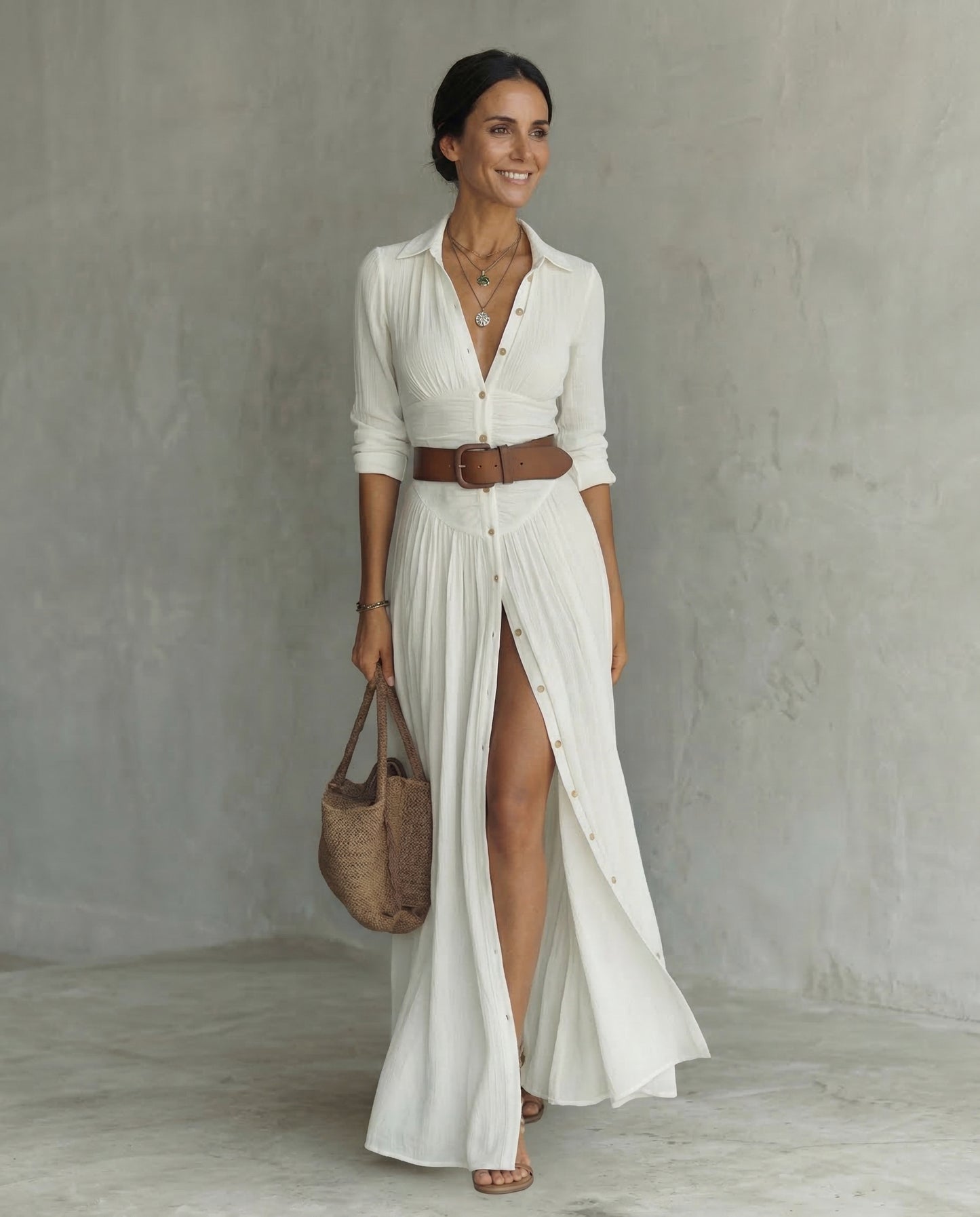 Petra - Vestido largo con cuello vuelto y mangas largas de lino