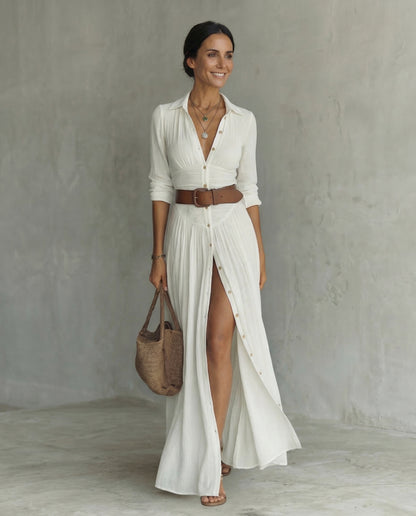 Petra - Vestido largo con cuello vuelto y mangas largas de lino
