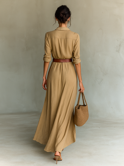 Vestido Maxi con Cuello de Solapa y Manga Larga