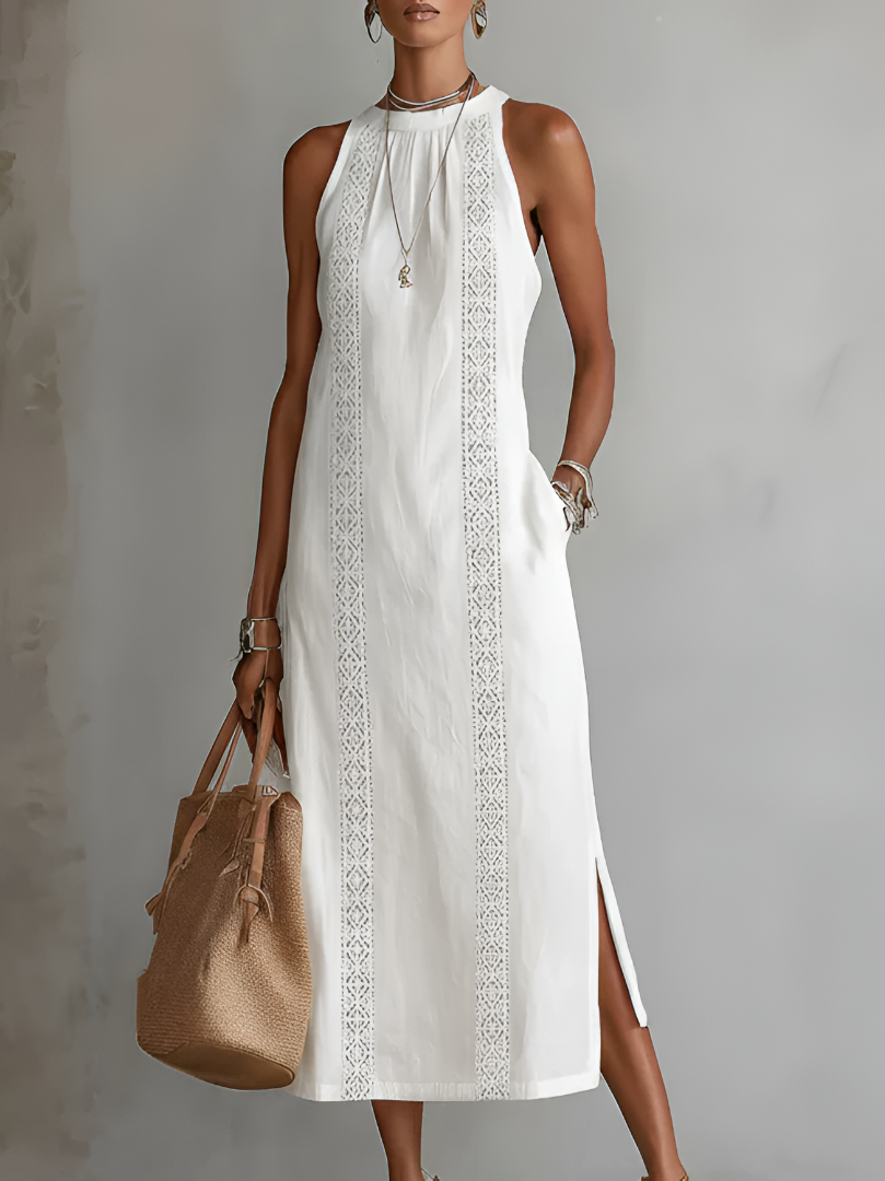 Jimena | Vestido Midi Relajado Con Bordado Y Cuello Mao