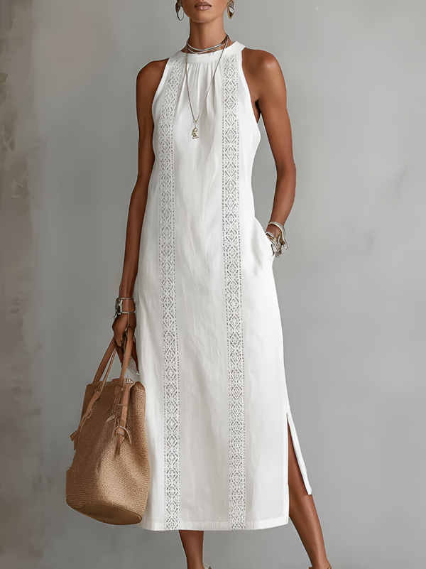 Jimena | Vestido Midi Relajado Con Bordado Y Cuello Mao
