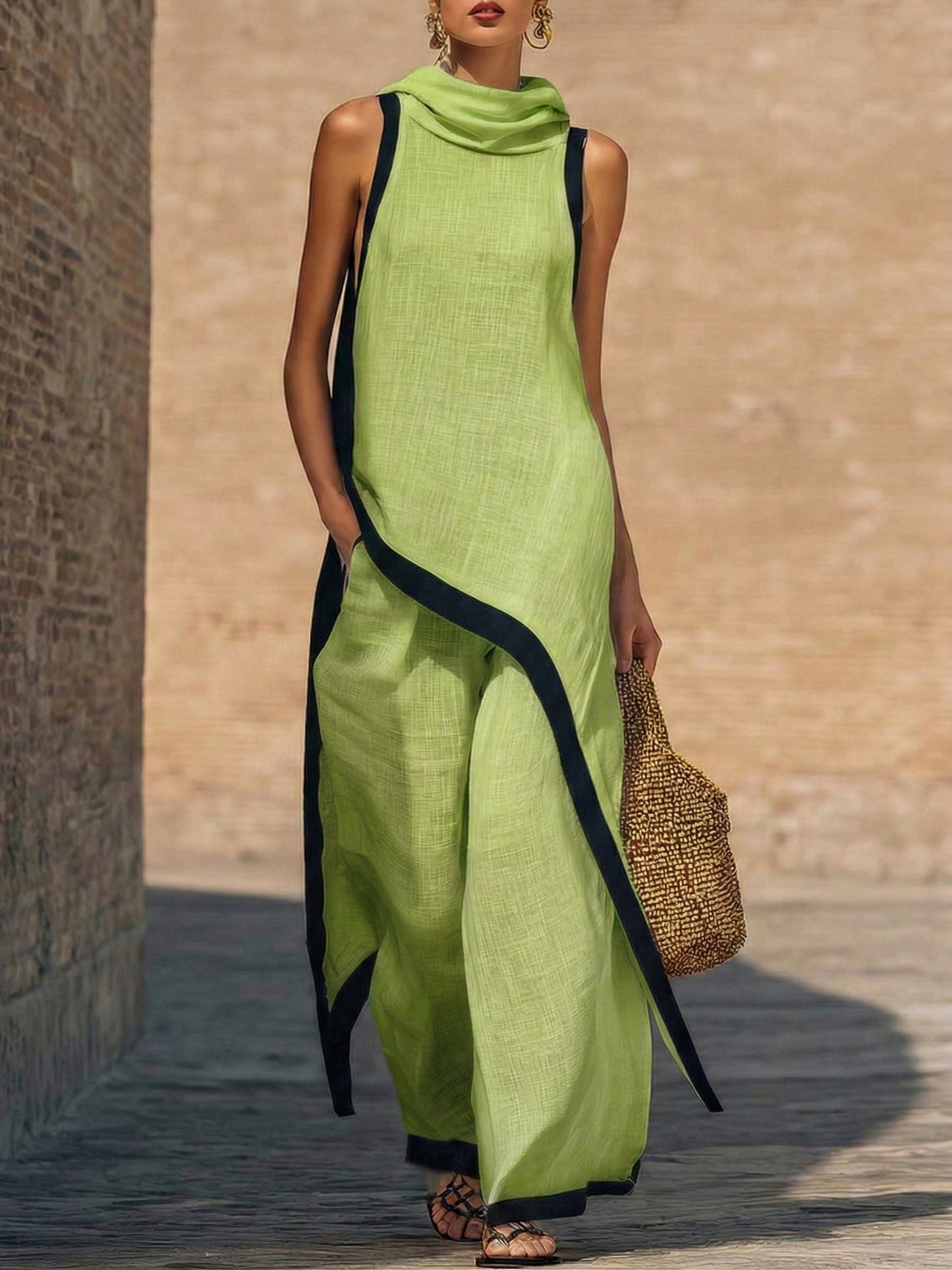 Conjunto elegante de dos piezas con corte artístico.
