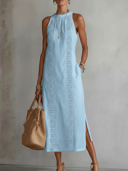 Jimena | Vestido Midi Relajado Con Bordado Y Cuello Mao
