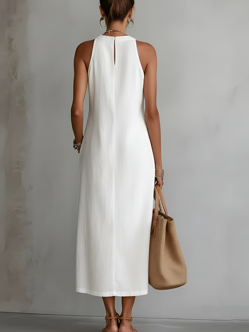 Jimena | Vestido Midi Relajado Con Bordado Y Cuello Mao