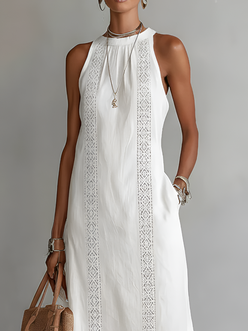 Jimena | Vestido Midi Relajado Con Bordado Y Cuello Mao