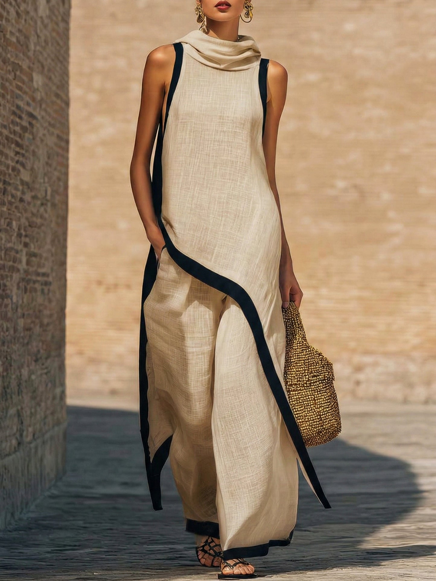 Conjunto elegante de dos piezas con corte artístico.