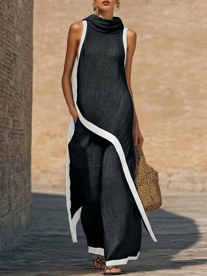 Conjunto elegante de dos piezas con corte artístico.