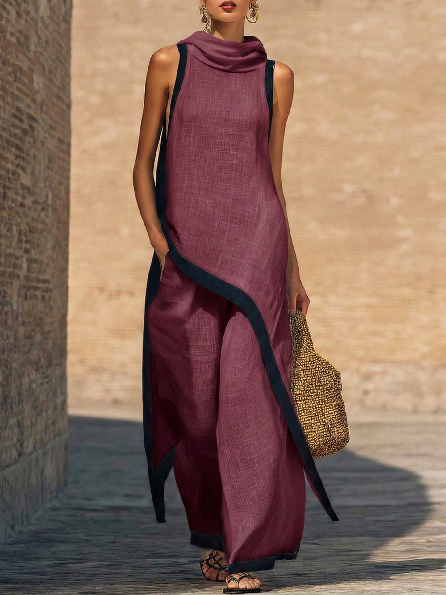 Conjunto elegante de dos piezas con corte artístico.