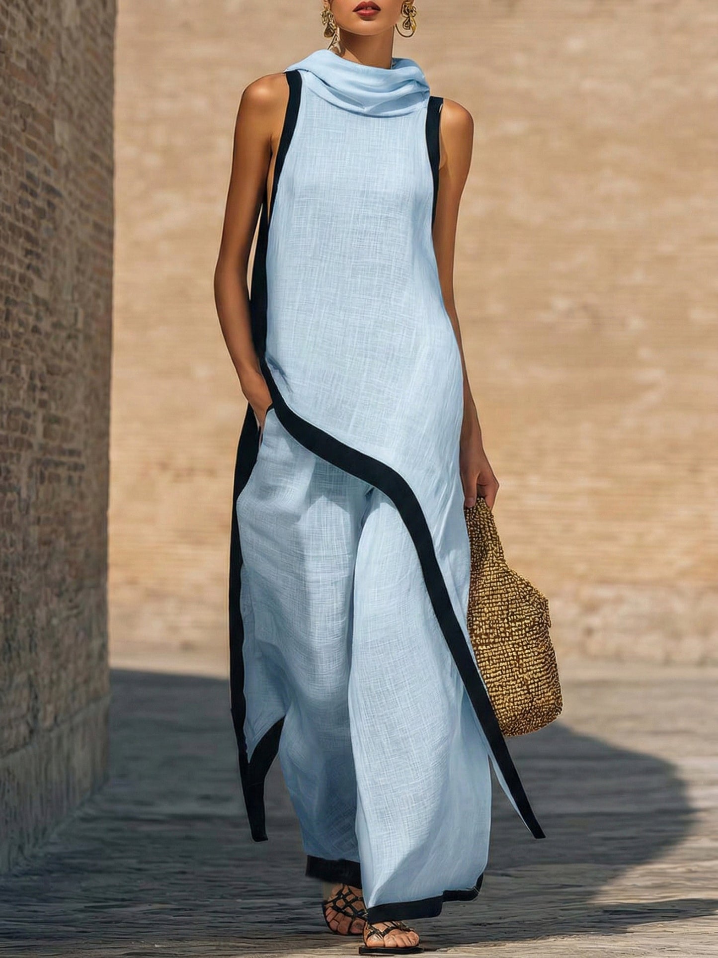 Conjunto elegante de dos piezas con corte artístico.