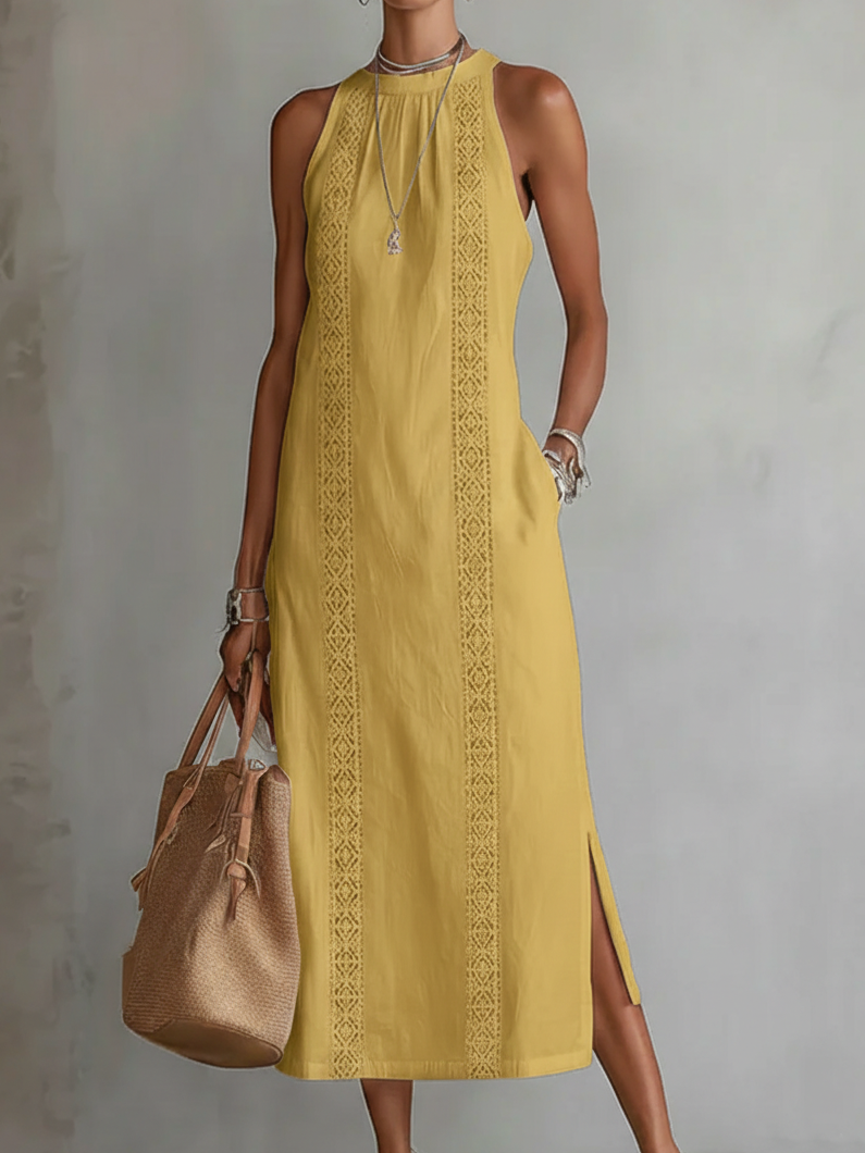 Jimena | Vestido Midi Relajado Con Bordado Y Cuello Mao