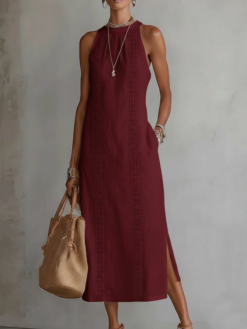 Jimena | Vestido Midi Relajado Con Bordado Y Cuello Mao