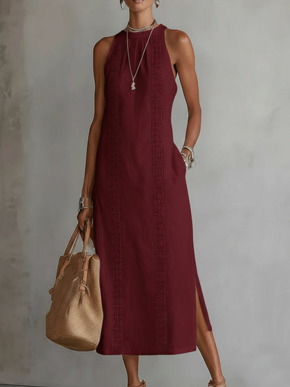 Jimena | Vestido Midi Relajado Con Bordado Y Cuello Mao