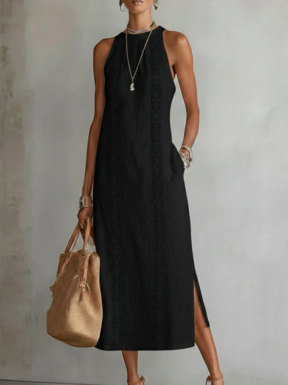 Jimena | Vestido Midi Relajado Con Bordado Y Cuello Mao