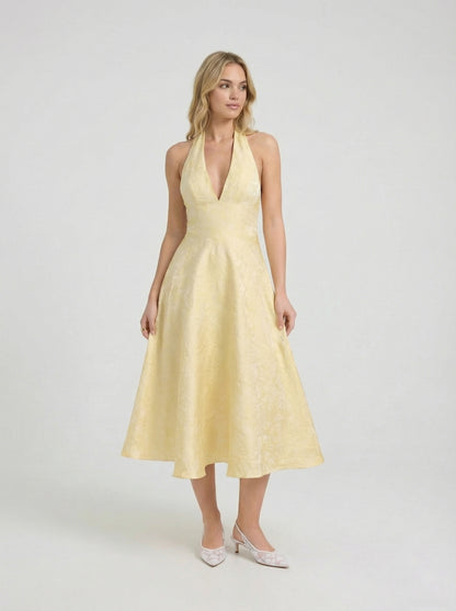 Matilda - Vestido Maxi de Encaje Floral con Cierre de Lazo y Cuello Halter Jacquard