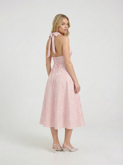 Matilda - Vestido Maxi de Encaje Floral con Cierre de Lazo y Cuello Halter Jacquard